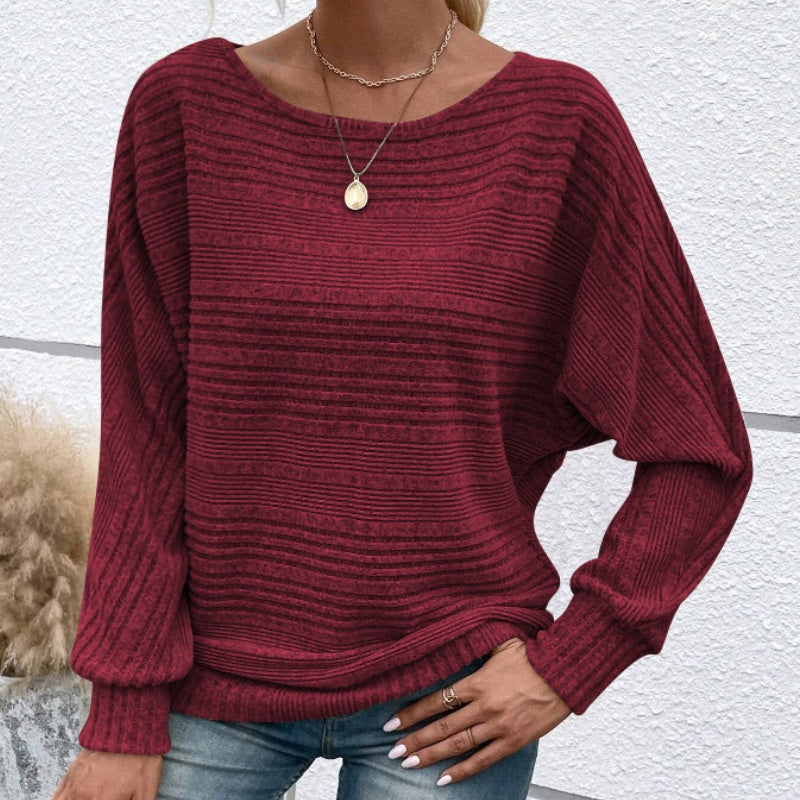 Solid Round-Neck Striped Top with Long Sleeves