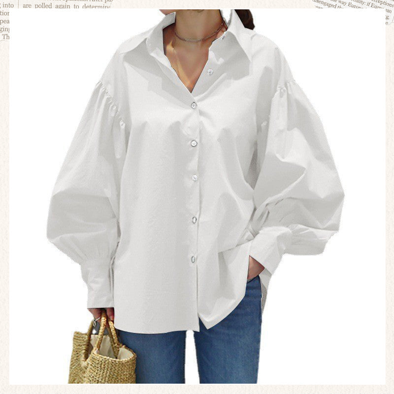 🍂Autumn Promotion 40%💕Women's Casual Solid Color Lantern Sleeve Lapel Shirt
