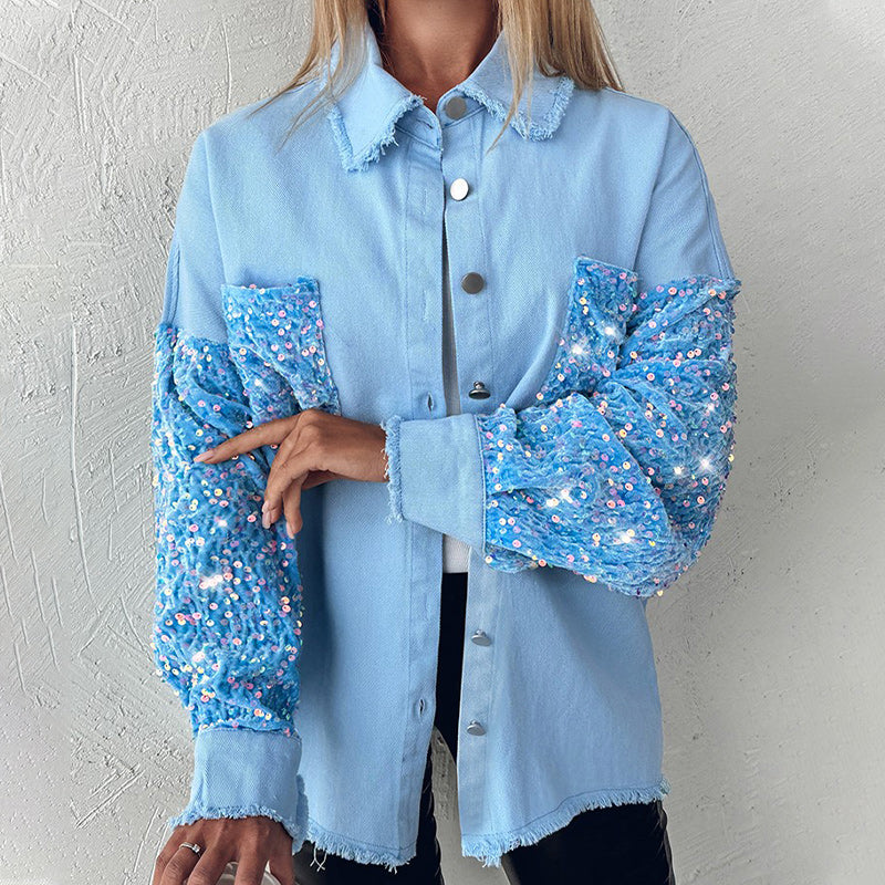 🍂Autumn Promotion 50%💕Women's Trendy Sequin Patchwork Coat with Raw Hem