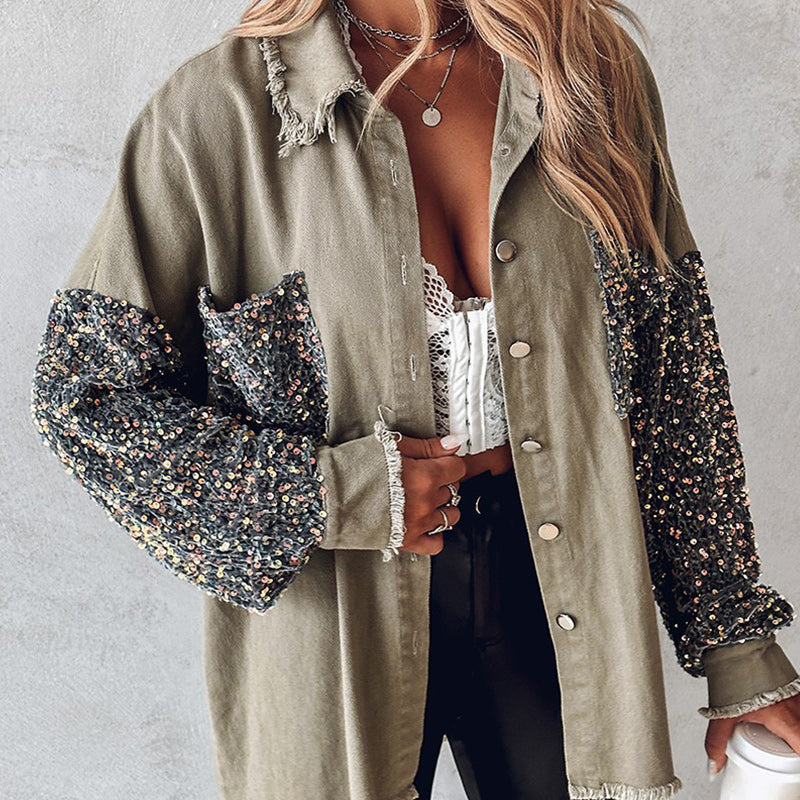 🍂Autumn Promotion 50%💕Women's Trendy Sequin Patchwork Coat with Raw Hem