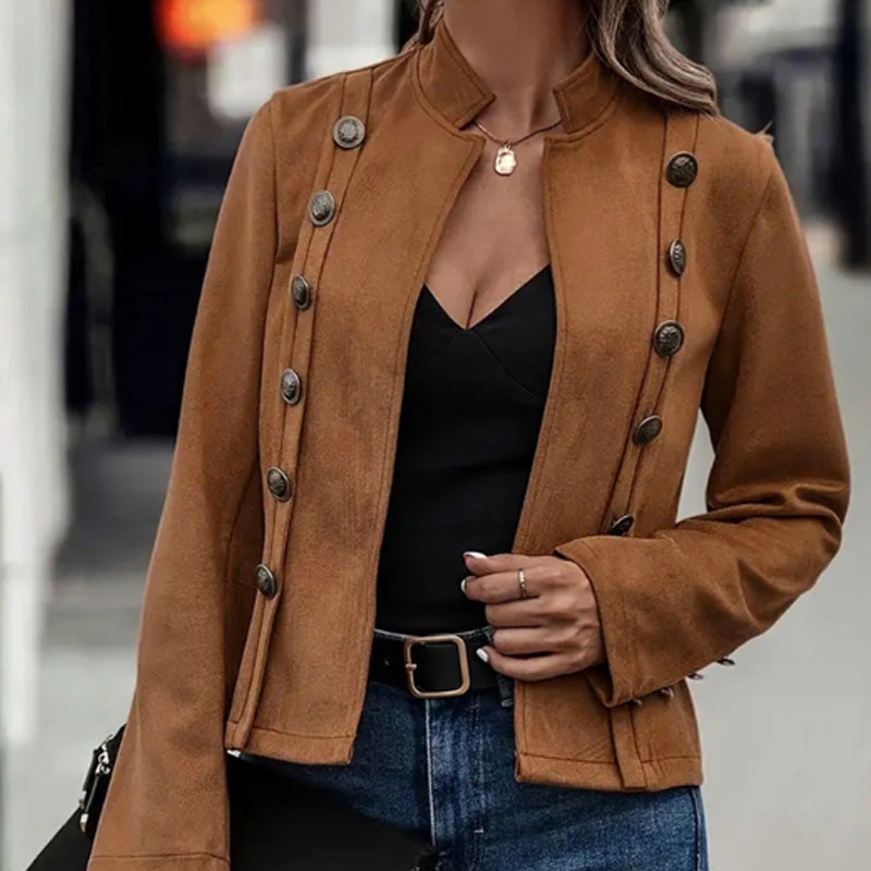 Women's Solid-Color Faux Suede Double-Breasted Short Jacket