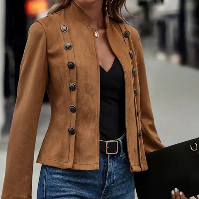 Women's Solid-Color Faux Suede Double-Breasted Short Jacket