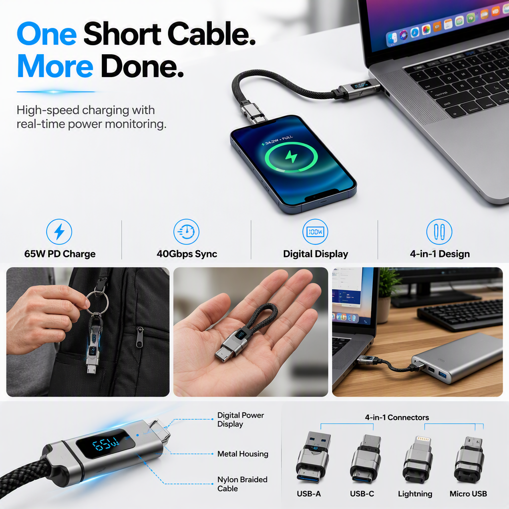 ⏳🔥LIMITED-TIME 50% OFF! ⏰4-in-1 Charging Cable with Digital Display & Keychain – Fast-Charging, Kink-Resistant & Compact
