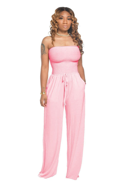 🔥Off Shoulder Solid Color Smocked Jumpsuit