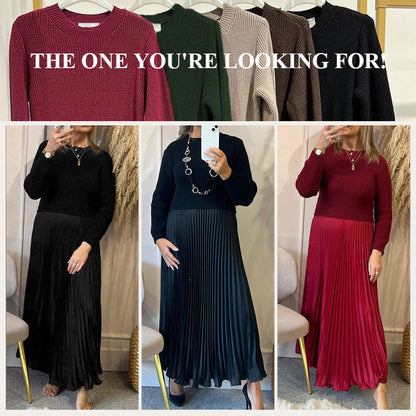 ❄️Women's Solid Color Long Sleeve Jumper & Pleated Bottom Dress