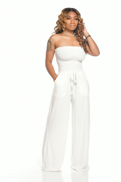 🔥Off Shoulder Solid Color Smocked Jumpsuit