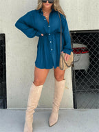 🔥Women's Solid Color Long Sleeve Shirt Dress
