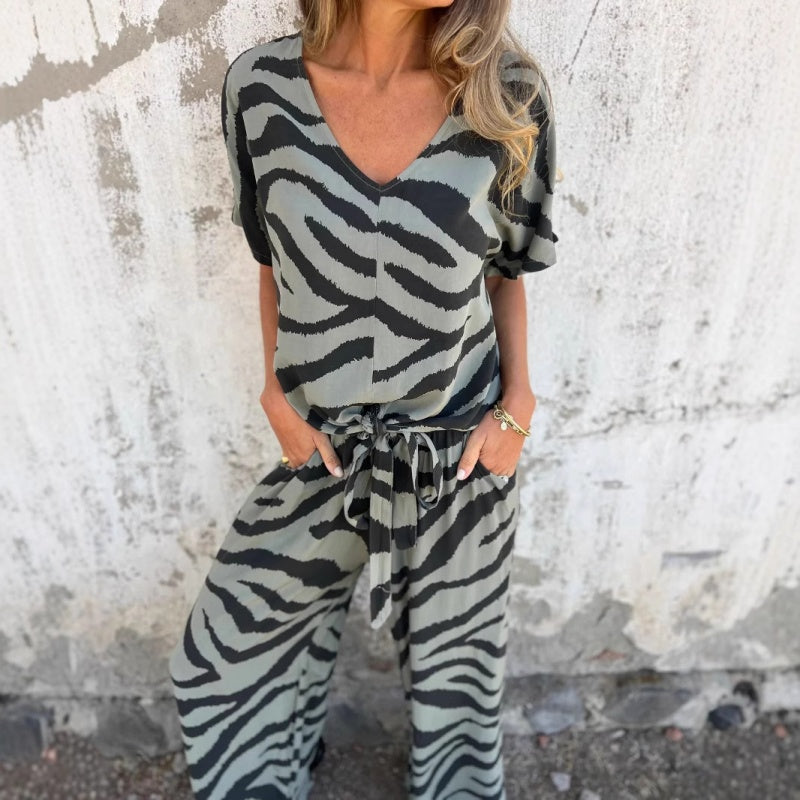 🔥2025 HOT SALE🔥 Women's Zebra Print V-Neck Top & Pants (2-Piece Set)