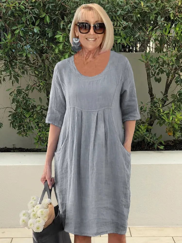 💃HOT SALE- Solid Color Cotton Linen Pockets Tunic Midi Dress