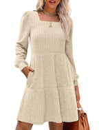 🍂2025 Autumn New Style 50% OFF⏰Women's Square Neck Lantern Sleeve Ribbed Dress|Glow in Autumnal Elegance!🍁