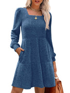 🍂2025 Autumn New Style 50% OFF⏰Women's Square Neck Lantern Sleeve Ribbed Dress|Glow in Autumnal Elegance!🍁