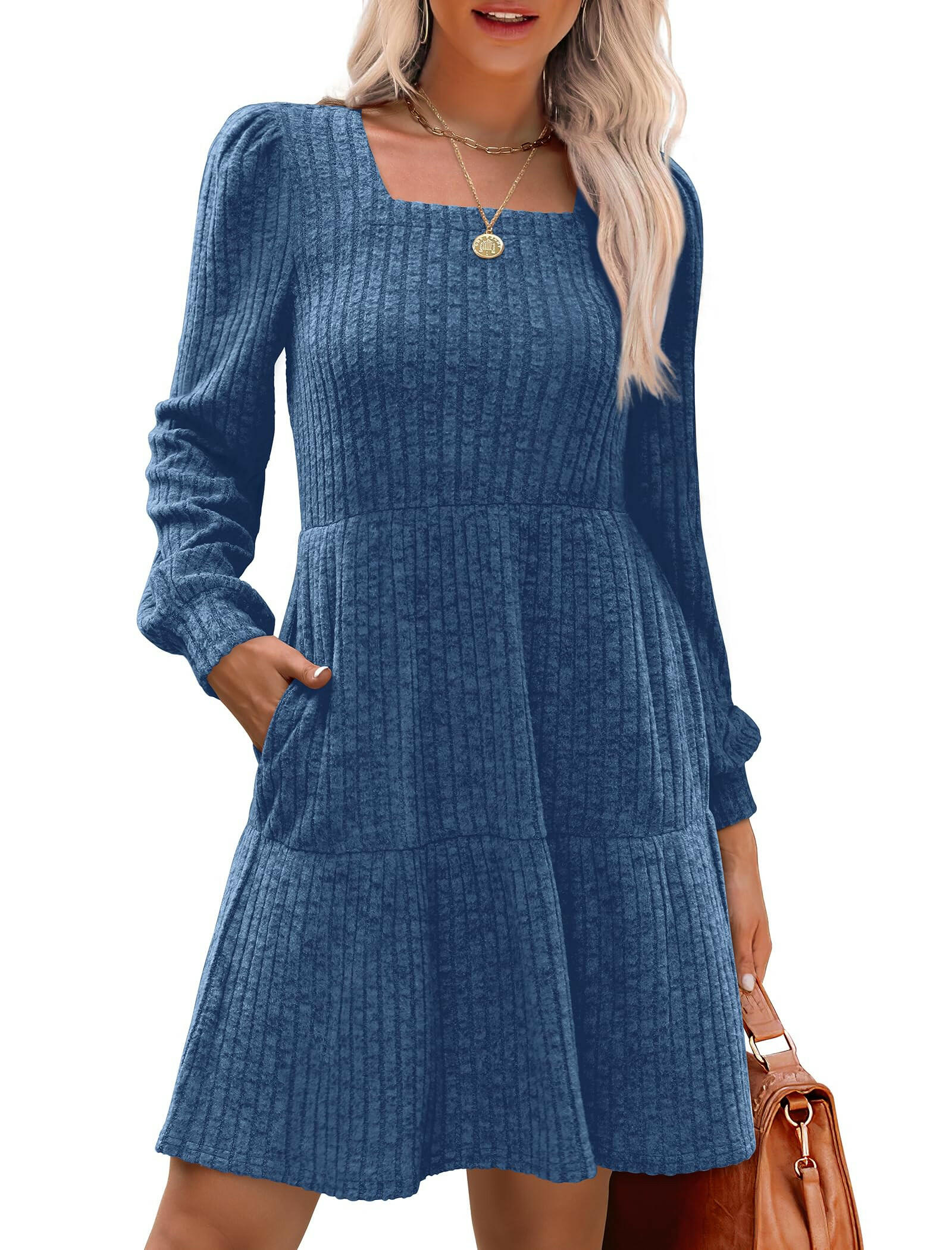 🍂2025 Autumn New Style 50% OFF⏰Women's Square Neck Lantern Sleeve Ribbed Dress|Glow in Autumnal Elegance!🍁