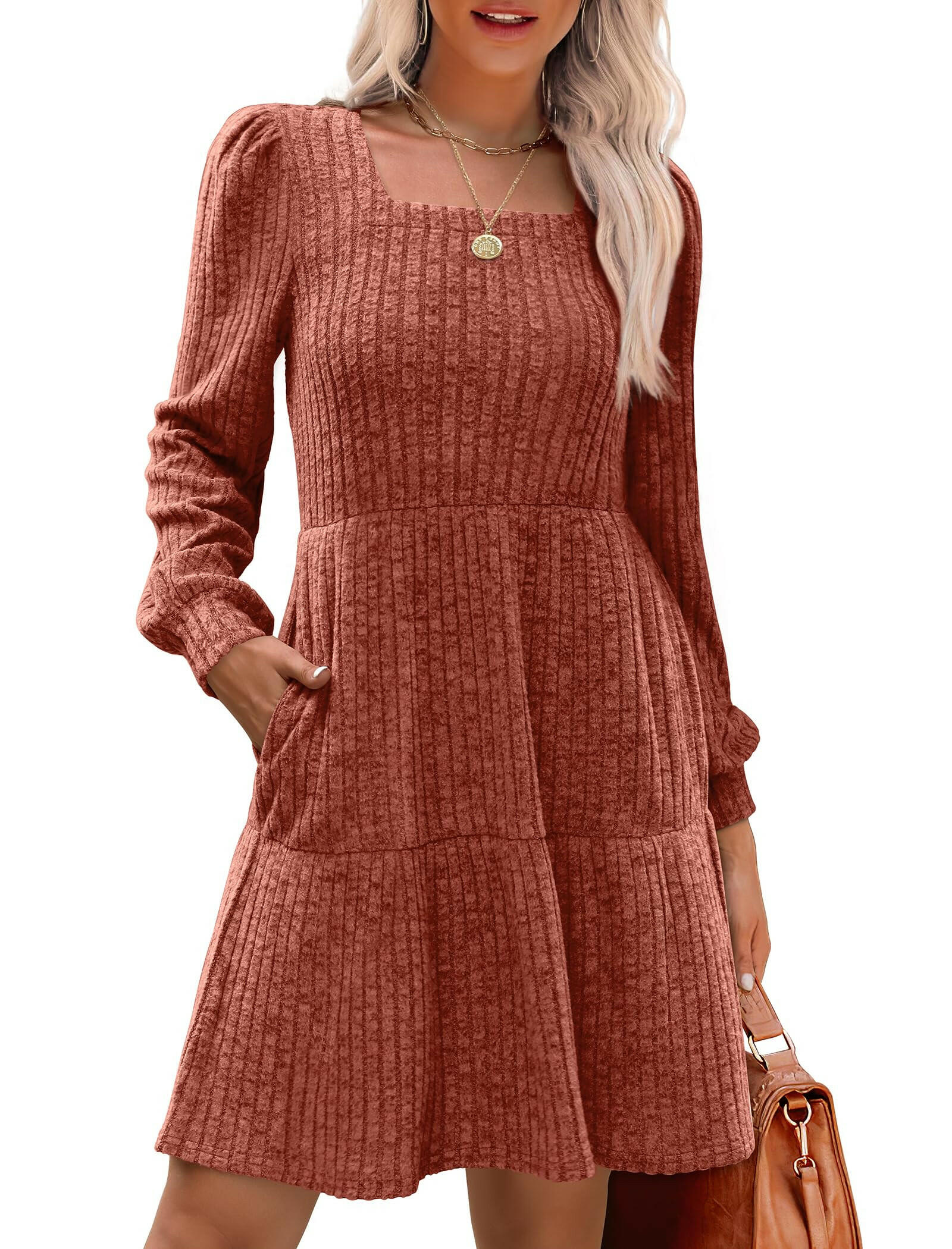🔥👗【S-XL】2025 Autumn Women's Soft Ribbed Square Neck Dress | Lantern Sleeves for Timeless Autumnal Elegance!🍁