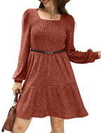 🍂2025 Autumn New Style 50% OFF⏰Women's Square Neck Lantern Sleeve Ribbed Dress|Glow in Autumnal Elegance!🍁