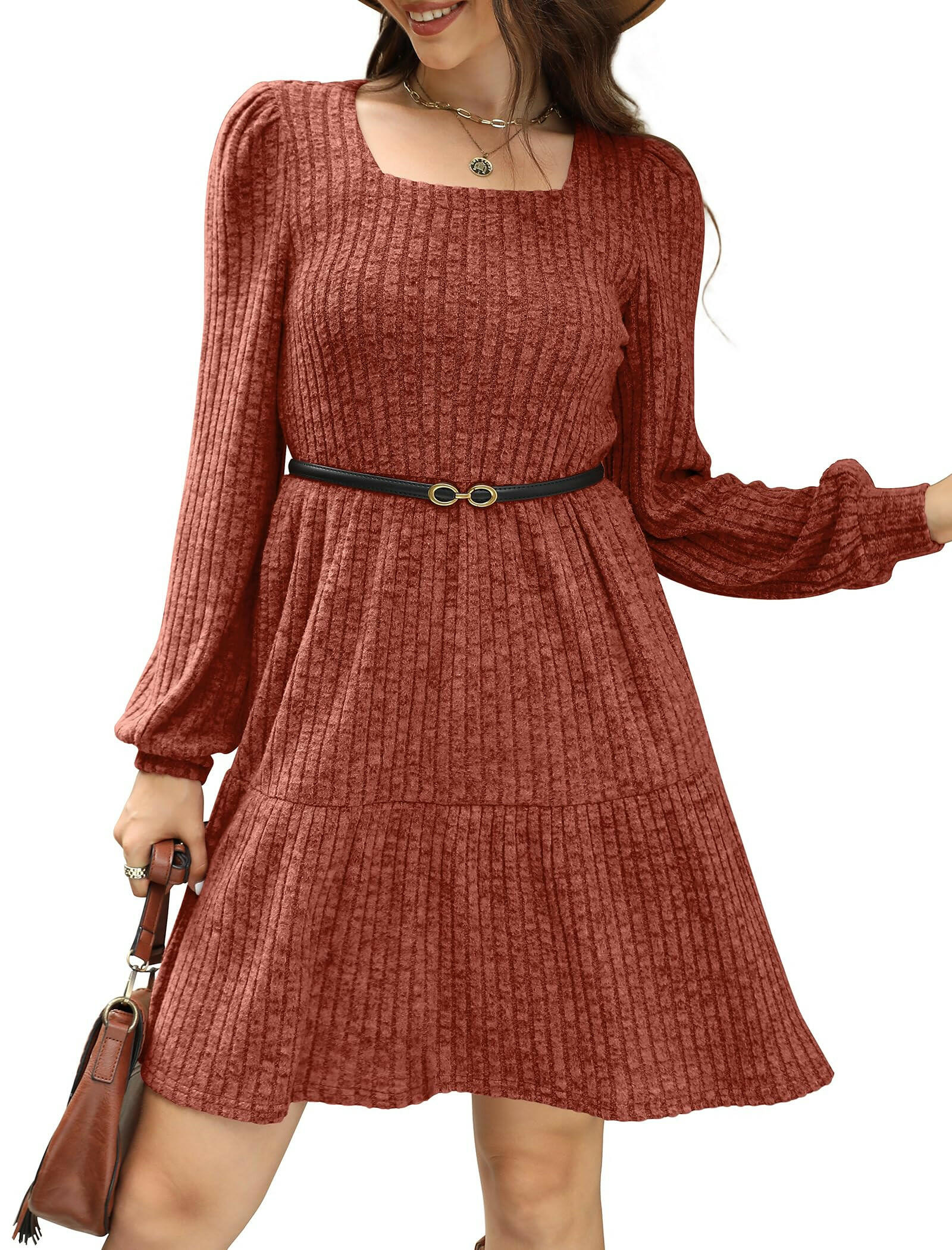 🔥👗【S-XL】2025 Autumn Women's Soft Ribbed Square Neck Dress | Lantern Sleeves for Timeless Autumnal Elegance!🍁