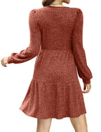 🔥👗【S-XL】2025 Autumn Women's Soft Ribbed Square Neck Dress | Lantern Sleeves for Timeless Autumnal Elegance!🍁