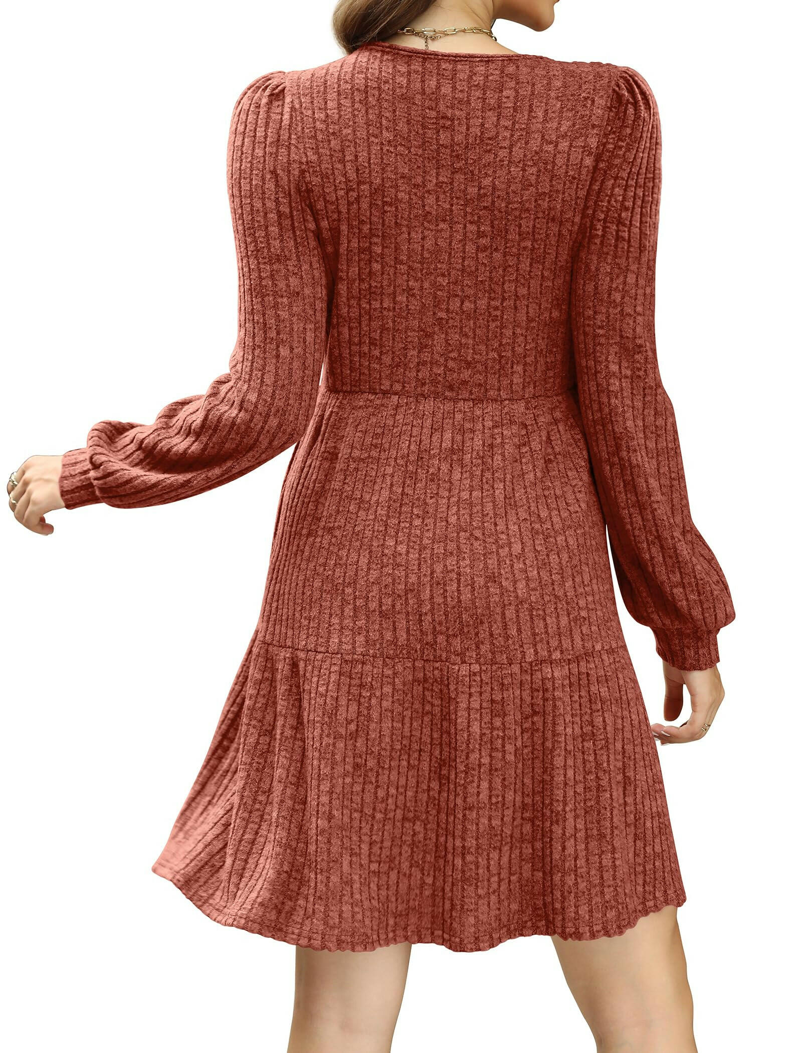 🔥👗【S-XL】2025 Autumn Women's Soft Ribbed Square Neck Dress | Lantern Sleeves for Timeless Autumnal Elegance!🍁