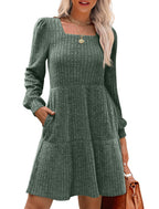 🍂2025 Autumn New Style 50% OFF⏰Women's Square Neck Lantern Sleeve Ribbed Dress|Glow in Autumnal Elegance!🍁