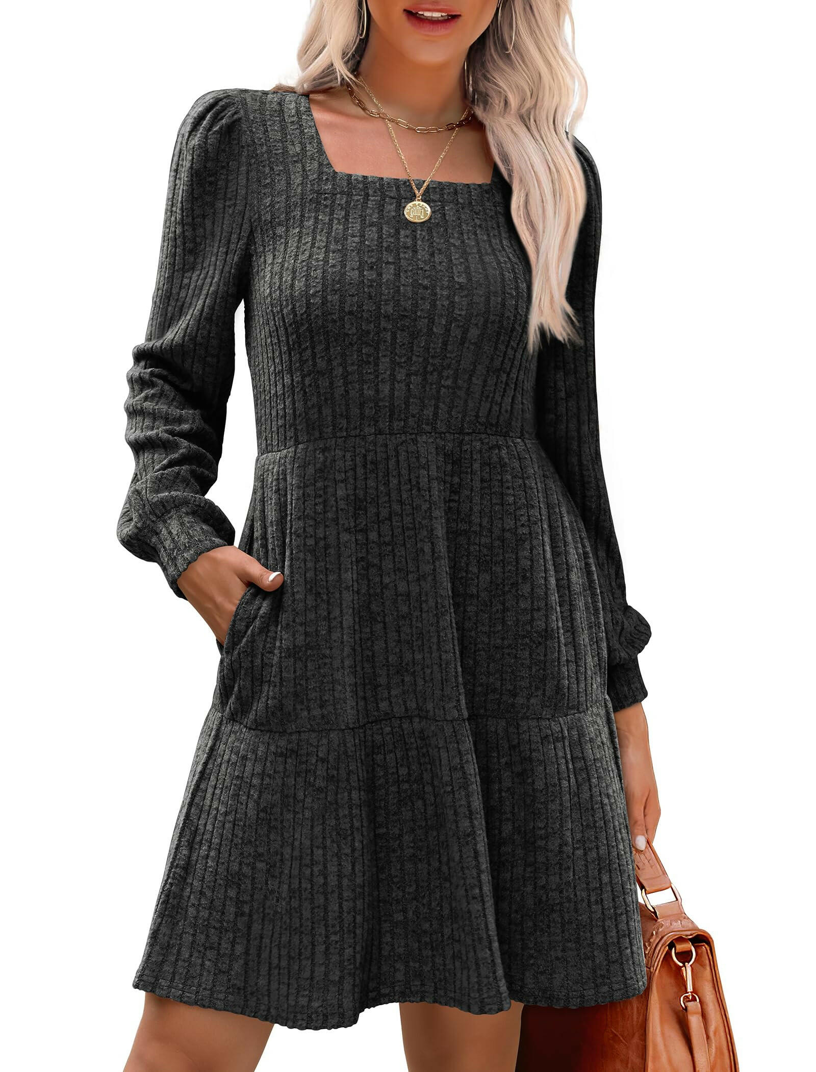🍂2025 Autumn New Style 50% OFF⏰Women's Square Neck Lantern Sleeve Ribbed Dress|Glow in Autumnal Elegance!🍁