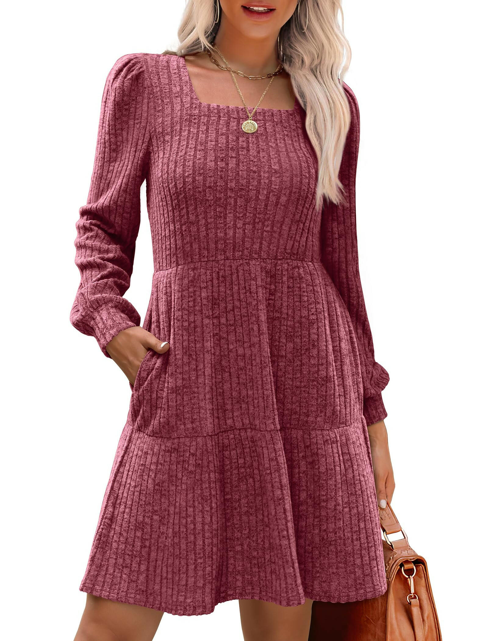 🔥👗【S-XL】2025 Autumn Women's Soft Ribbed Square Neck Dress | Lantern Sleeves for Timeless Autumnal Elegance!🍁