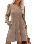 🔥👗【S-XL】2025 Autumn Women's Soft Ribbed Square Neck Dress | Lantern Sleeves for Timeless Autumnal Elegance!🍁