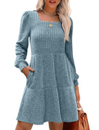 🍂2025 Autumn New Style 50% OFF⏰Women's Square Neck Lantern Sleeve Ribbed Dress|Glow in Autumnal Elegance!🍁