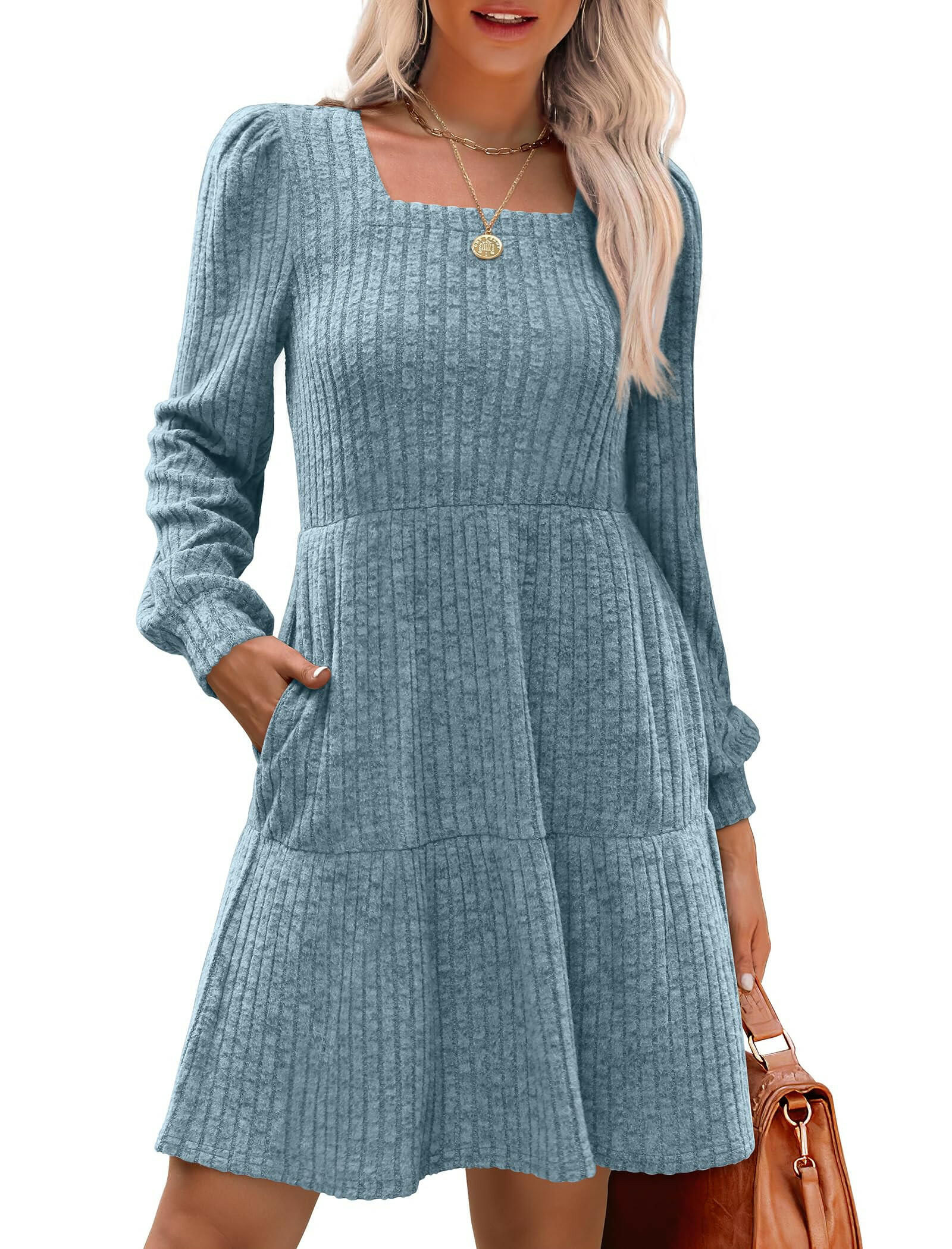 🍂2025 Autumn New Style 50% OFF⏰Women's Square Neck Lantern Sleeve Ribbed Dress|Glow in Autumnal Elegance!🍁