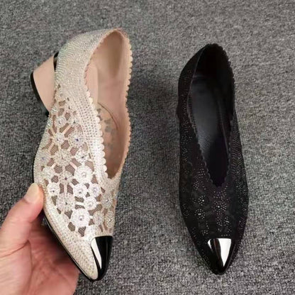 👡Slippers made of mesh with crystals and chunky heel