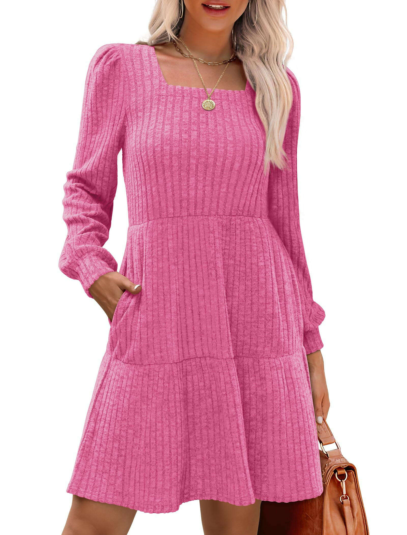 🍂2025 Autumn New Style 50% OFF⏰Women's Square Neck Lantern Sleeve Ribbed Dress|Glow in Autumnal Elegance!🍁