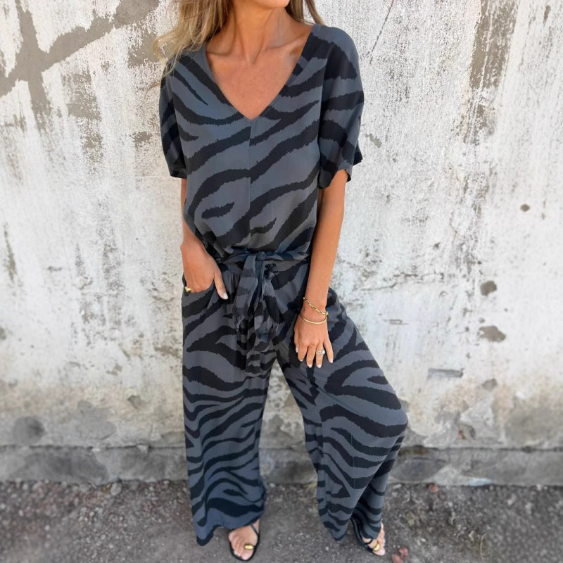 🔥2025 HOT SALE🔥 Women's Zebra Print V-Neck Top & Pants (2-Piece Set)