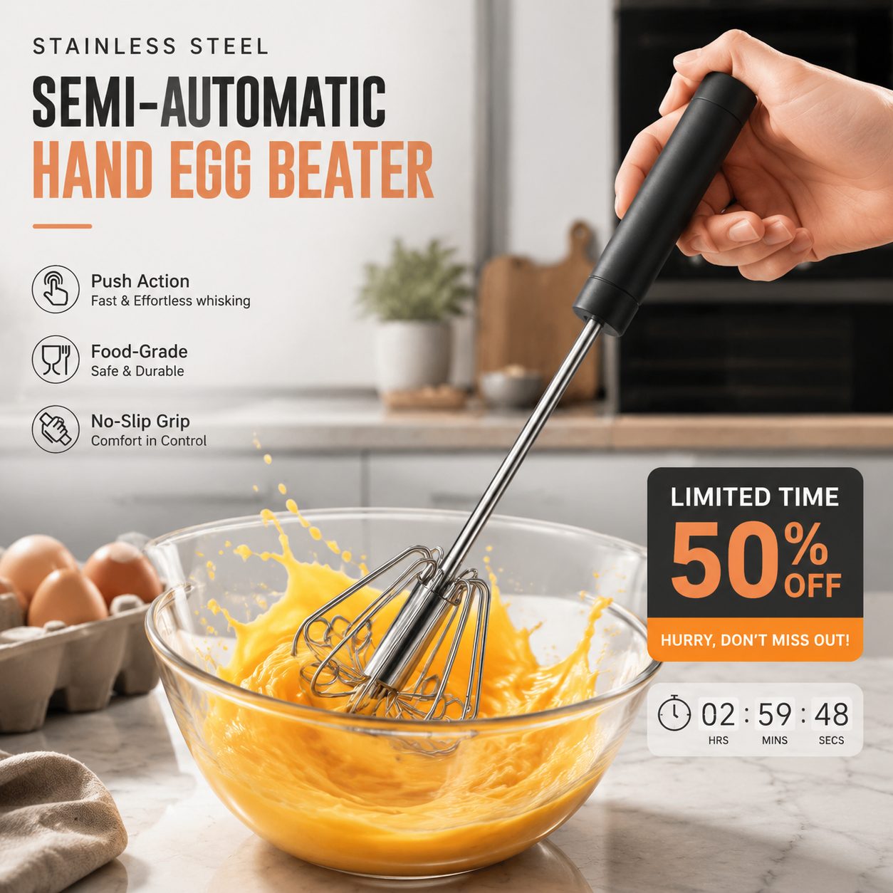 🔥LAST DAY SALE !!🔥Stainless Steel Hand Egg Beater 🥚✨ | Effortless Whisking – No Batter Splatter, Dishwasher Safe & Built to Last 🇬🇧🔧