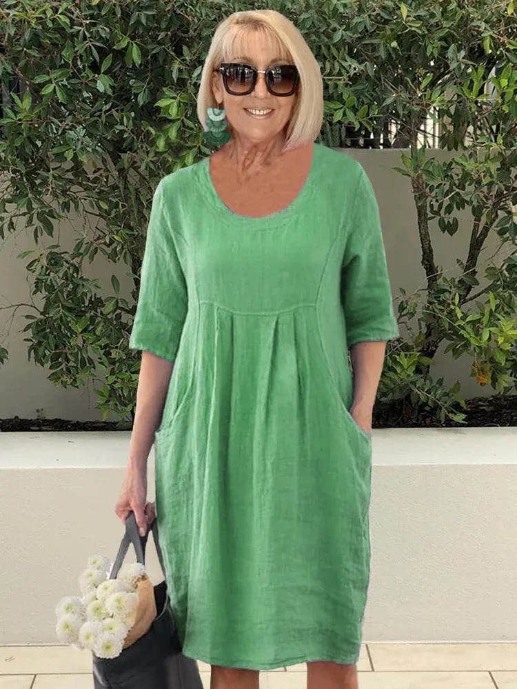 💃HOT SALE- Solid Color Cotton Linen Pockets Tunic Midi Dress