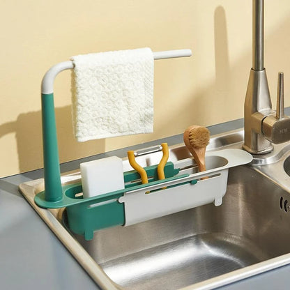 📢📢50% OFF & In Stock⏰ Updated Telescopic Sink Storage Rack – Adjustable Fit, Ventilated Drain & Towel Bar – Keep Your Sink Clean & Tidy ✨