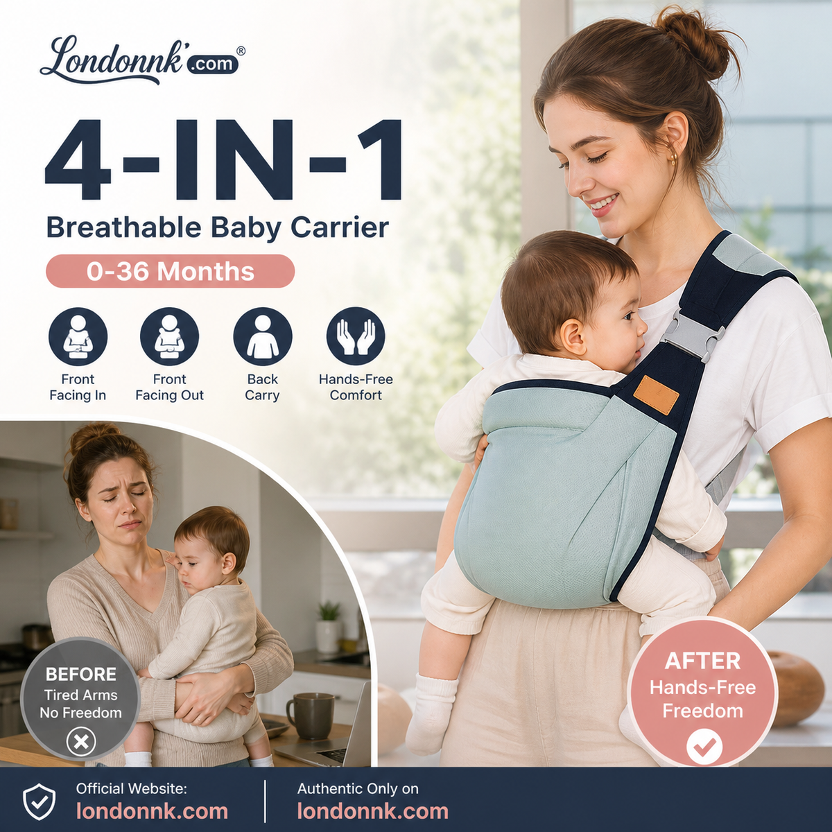 👶50% OFF NOW! 4‑In‑1 Lightweight Baby Carrier, Breathable Ergonomic Infant Sling, Hands‑Free Adjustable Baby Wrap for 0‑36 Months, Front & Back Carry for Newborn & Toddler