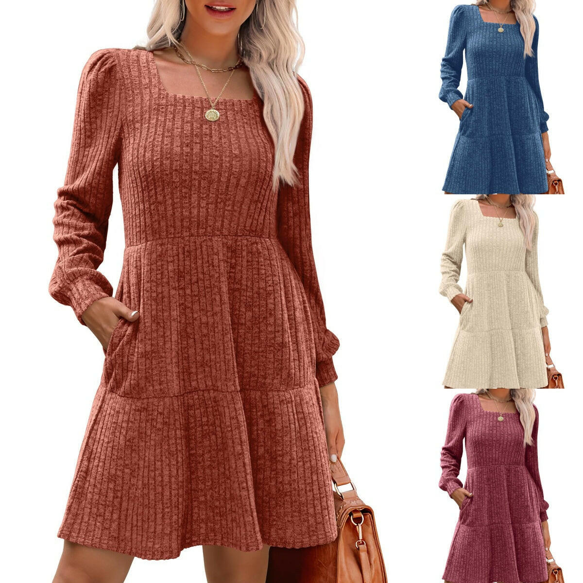🍂2025 Autumn New Style 50% OFF⏰Women's Square Neck Lantern Sleeve Ribbed Dress|Glow in Autumnal Elegance!🍁
