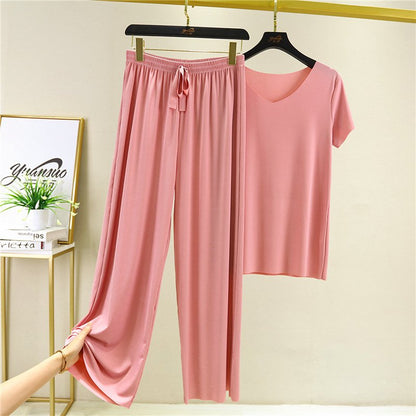 Soft Comfortable Ice Silk Short Sleeve T-Shirt Two Piece Set Loose Wide-leg Pants