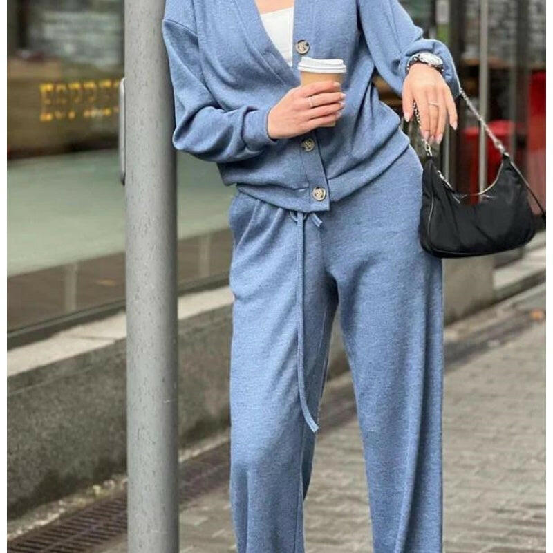 🍂Autumn Promotion 40%💕 new style two-piece knitted button jacket and pants set for women