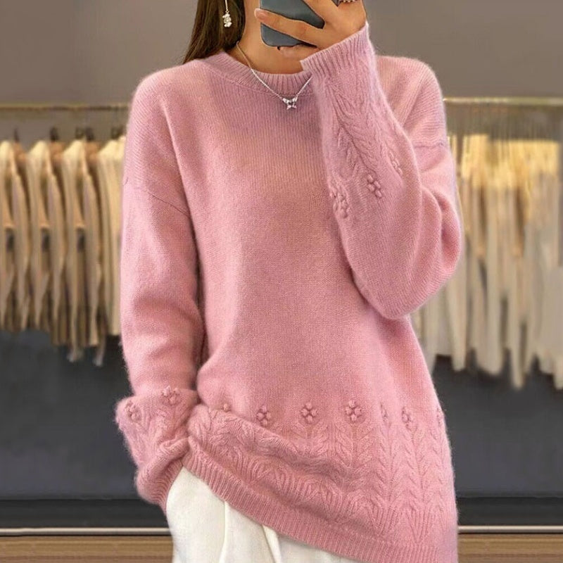 Women's Retro Solid Color Crewneck Knit Sweater