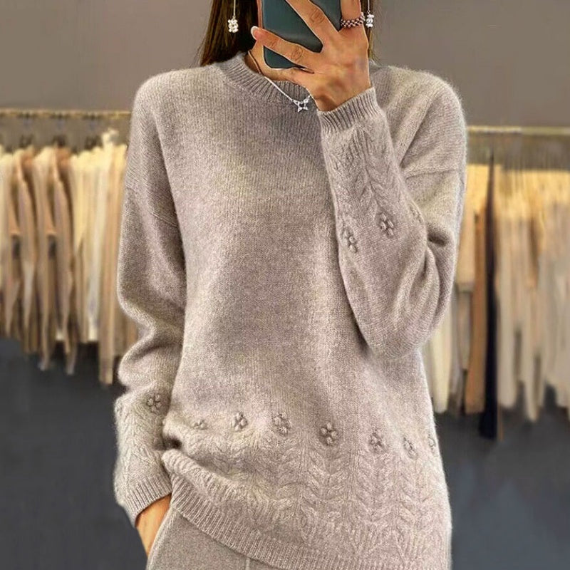 Women's Retro Solid Color Crewneck Knit Sweater