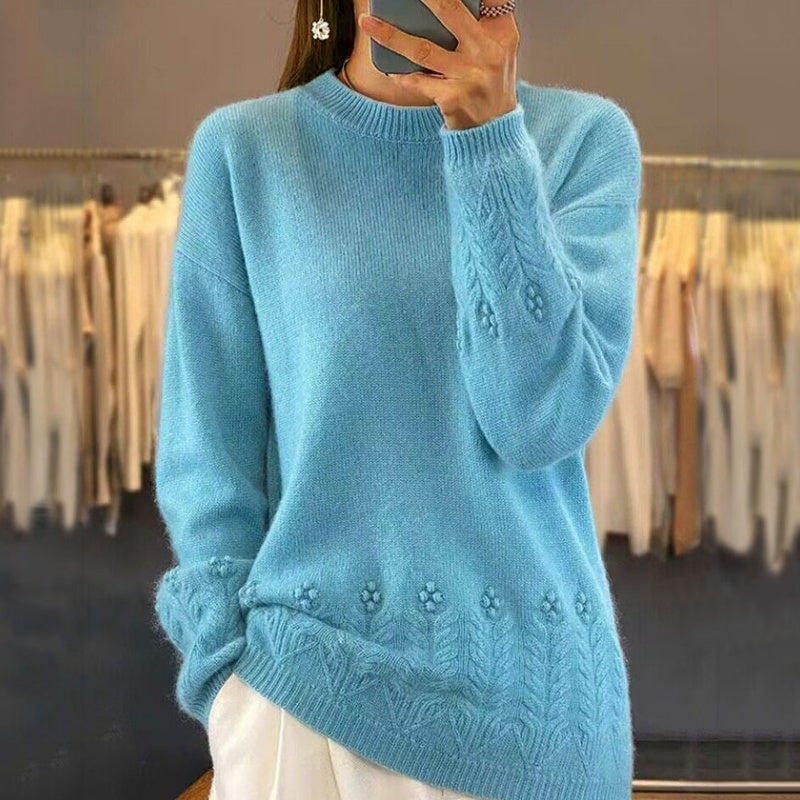 Women's Retro Solid Color Crewneck Knit Sweater