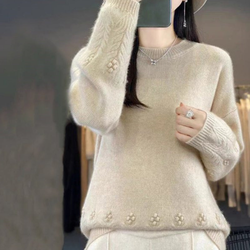 Women's Retro Solid Color Crewneck Knit Sweater