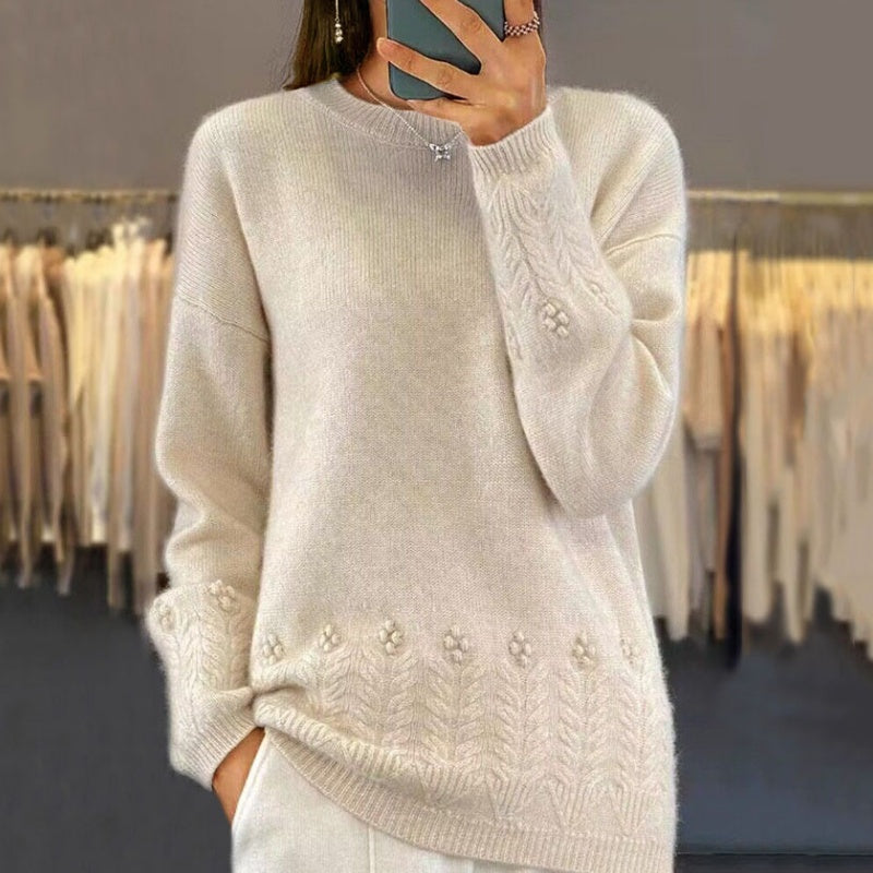 Women's Retro Solid Color Crewneck Knit Sweater