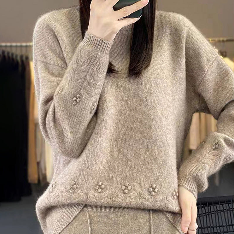 Women's Retro Solid Color Crewneck Knit Sweater