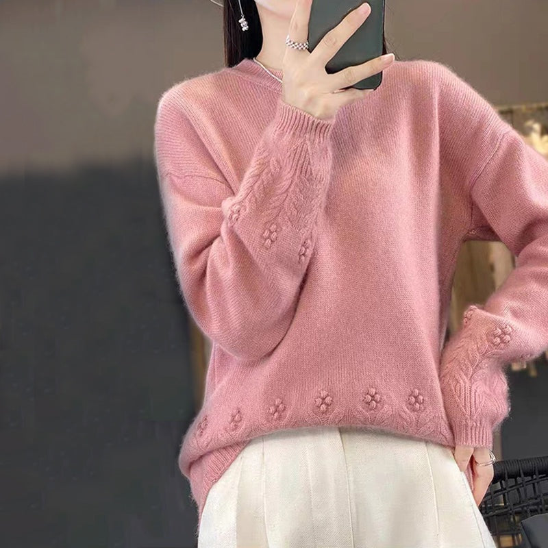 Women's Retro Solid Color Crewneck Knit Sweater