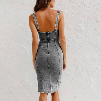 🔥HOT SALE 49% OFF🌸 Adjustable strap U-neck split denim bodycon cami dress