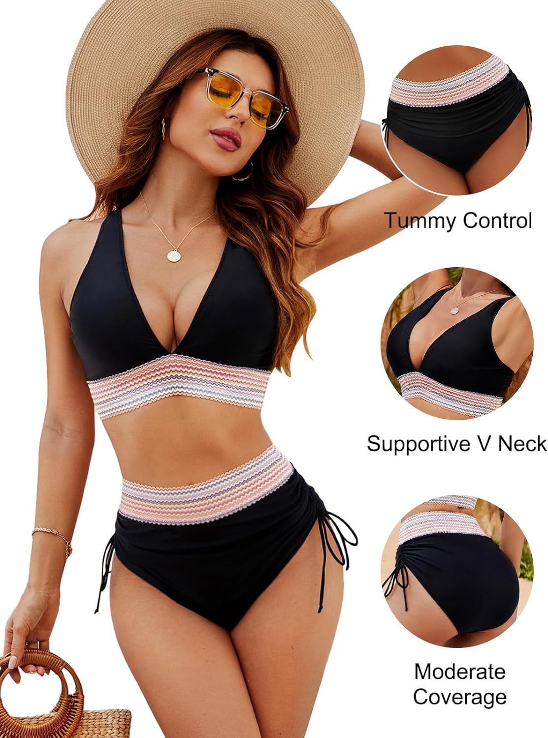 🔥2025 Spring New🔥✨👙High Waisted Tummy Control Colour Block Bikini Sets