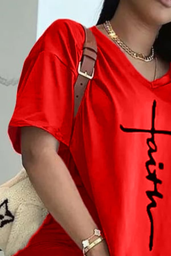 【Buy 2 Free Shipping】Letter Print Split Side V Neck T-Shirt & Shorts Two Piece Set