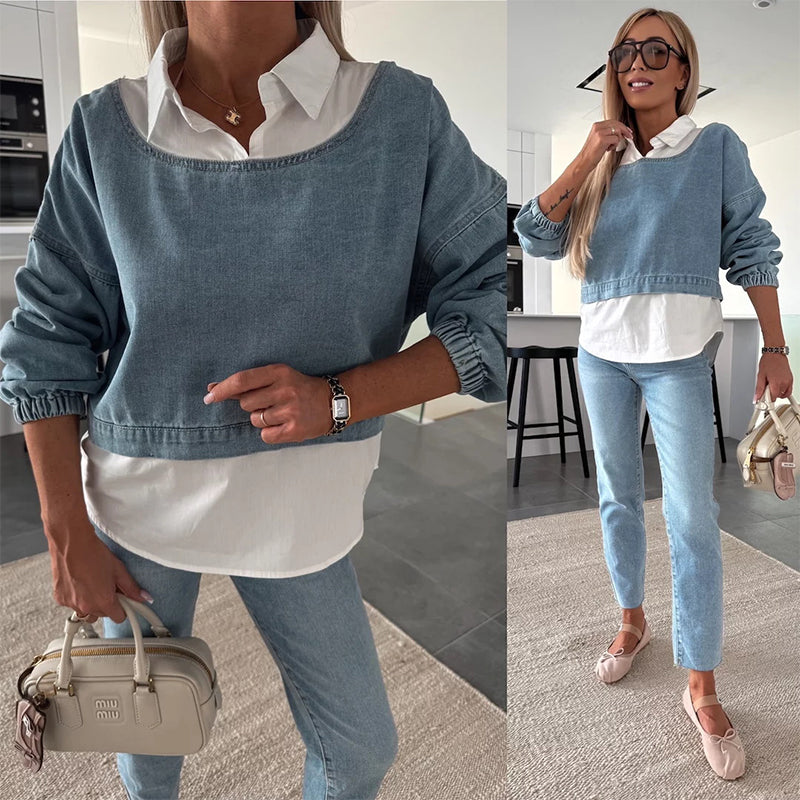 🌸Spring Specials🌸 Women's Fashion Long Sleeve Denim Top & Pants Two Piece Set