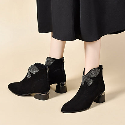 Shiny Bowknot Pointed Toe Chunky Ankle Boots