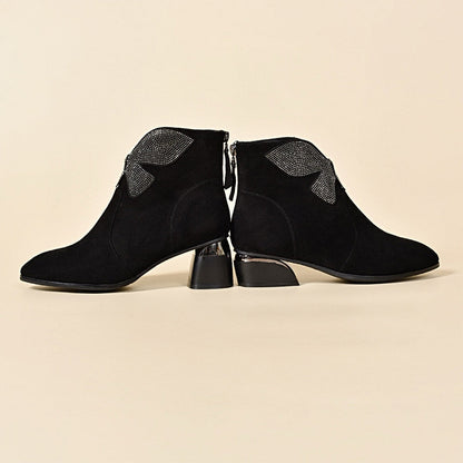 Shiny Bowknot Pointed Toe Chunky Ankle Boots